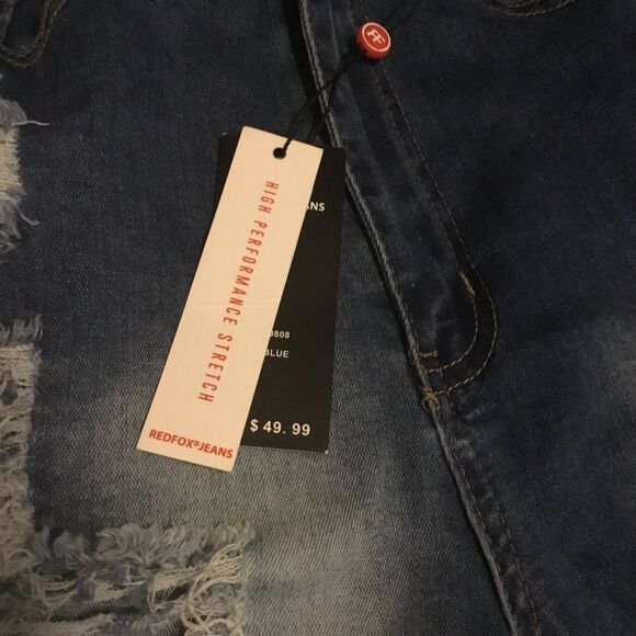 Red Fox Medium Wash Distressed Destroyed Bermuda Shorts Jeans L - Picture 11 of 11